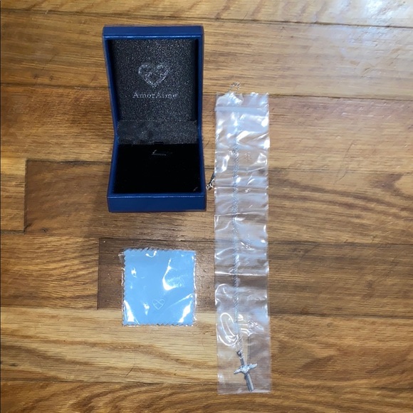 NIB AmorAime Silver Cross Necklace with Heart and Crystal Accent - Picture 6 of 14
